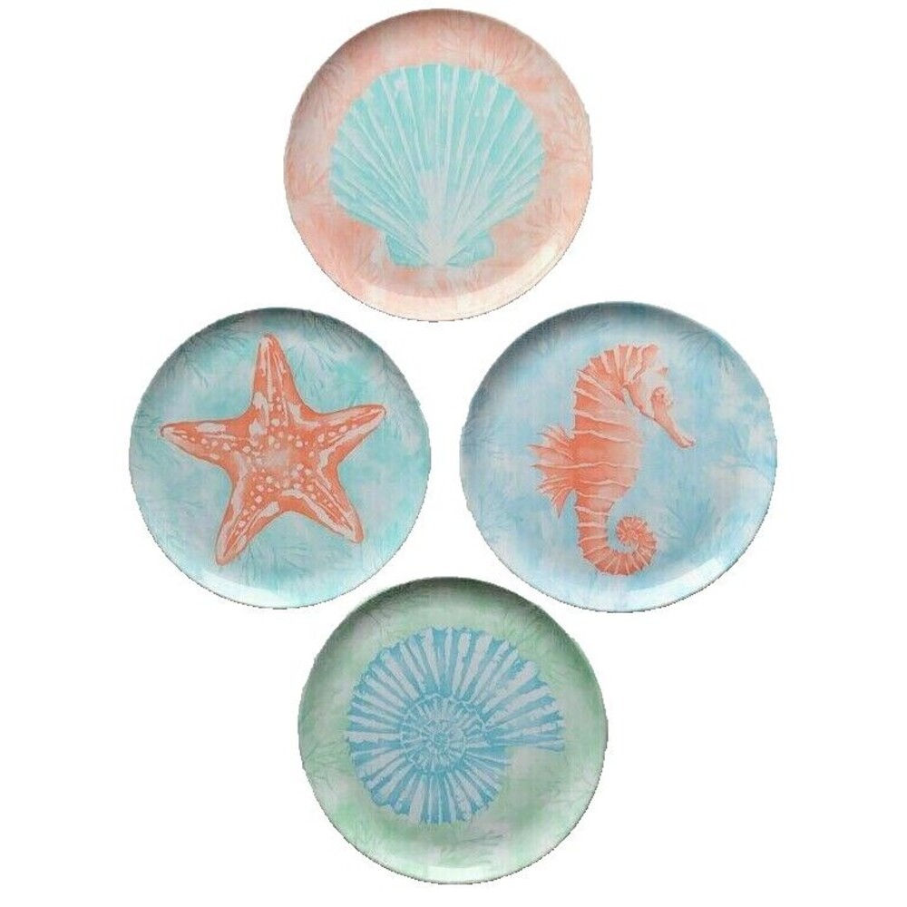 Starfish Seahorse Shell Melamine Dinner Plates 11" Set of 4 Beach Summer Coastal